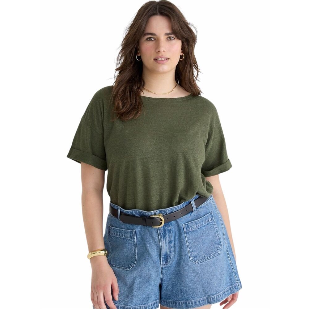J.CREW Linen Tee Olive Green Rolled Cuff Short Sleeve Top Medium